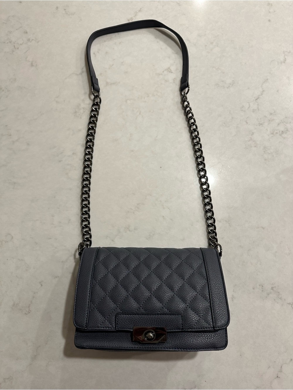 Justfab Quilted Faux Leather Chain Shoulder Boy Bag Slate Gray Blue